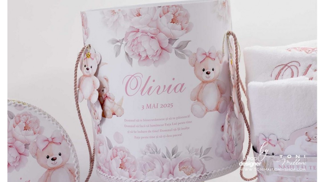 Trusou botez cu ursuleti si flori roz Teddy Bear Baby Girl 11